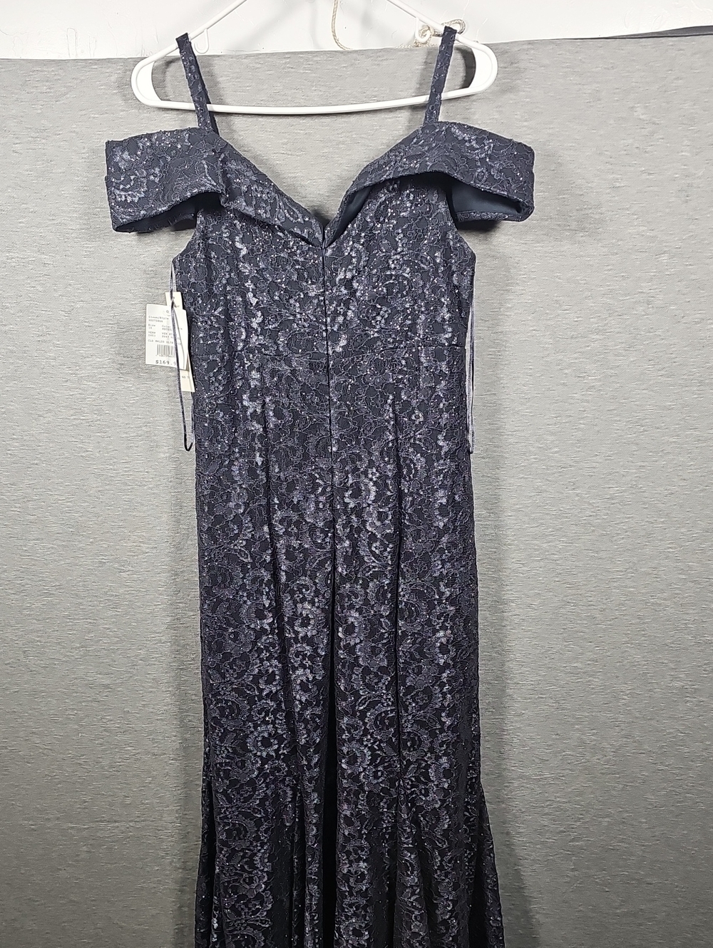 R & M Richards Off-Shoulder Lace Evening Gown - Color Steel